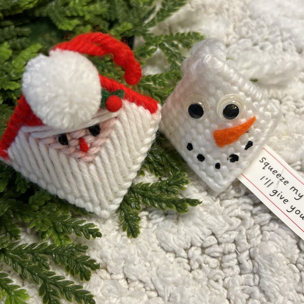 Set of 2 Vintage Plastic Canvas Kiss Ornaments Santa Claus & Snowman Christmas